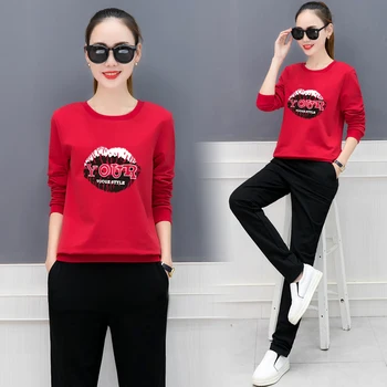 

Set female 2018 winter new temperament elegant thin round neck long sleeve sweater plus velvet casual pants fashion two sets