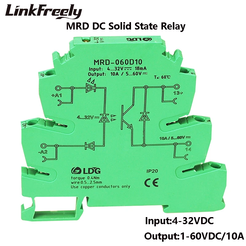 

MRD-060D10 10pcs Novel LED Indication 10A Input: 5V 12V 24V DC SSR Interface Relay Module DIN Rail Voltage Switch Relay Board