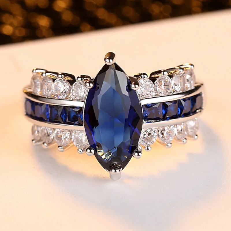 Роскошный синий кристаллическое Украшение «конский глаз» кольцо "Принцесса" для Для женщин серебристый блестящий цвет AAA CZ свадебные
