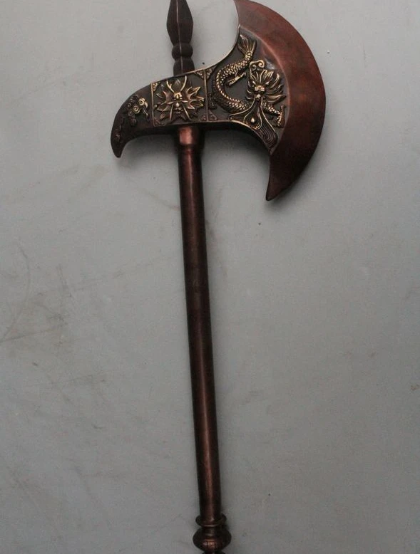 

18" Chinese Folk Fengshui Bronze Dragon Head Hatchet axe the ax frame Statue