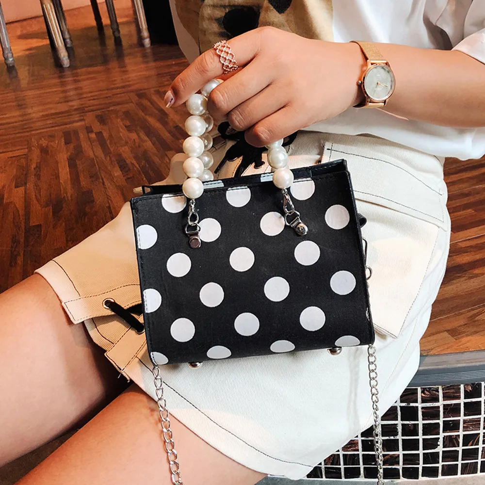 

Women Polka Dot Handbag Vintage Women's Pearl Handle Evening Bag Female Shoulder Bags Causal Lady's Crossbody Bag