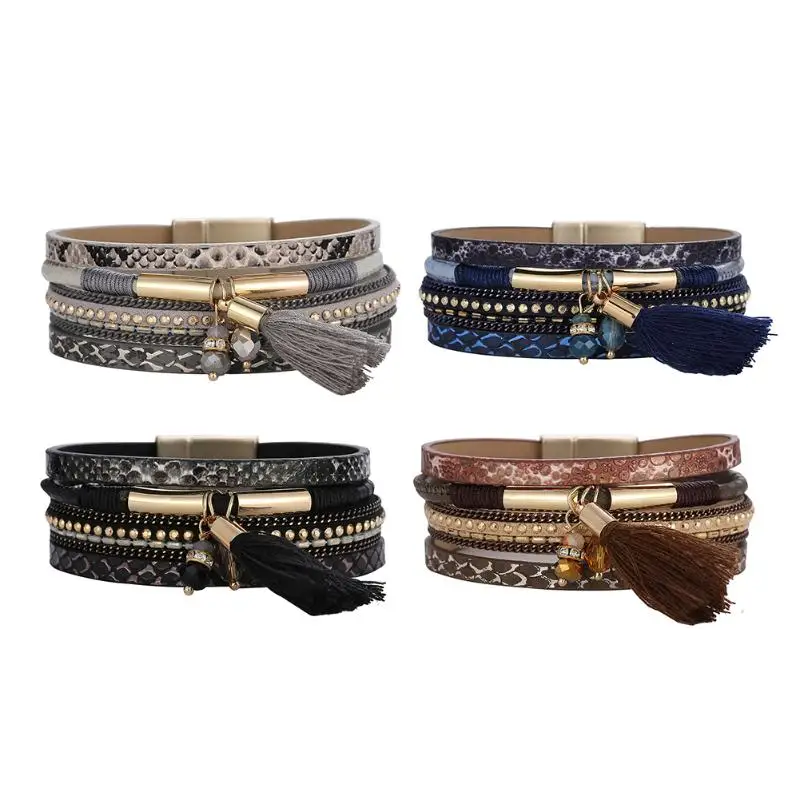 Europe Fashion crystal Multilayer Wrap Alloy PU Leather Bracelets & Bangles High quality Tassel Magnetic Buckle Pulseras gift