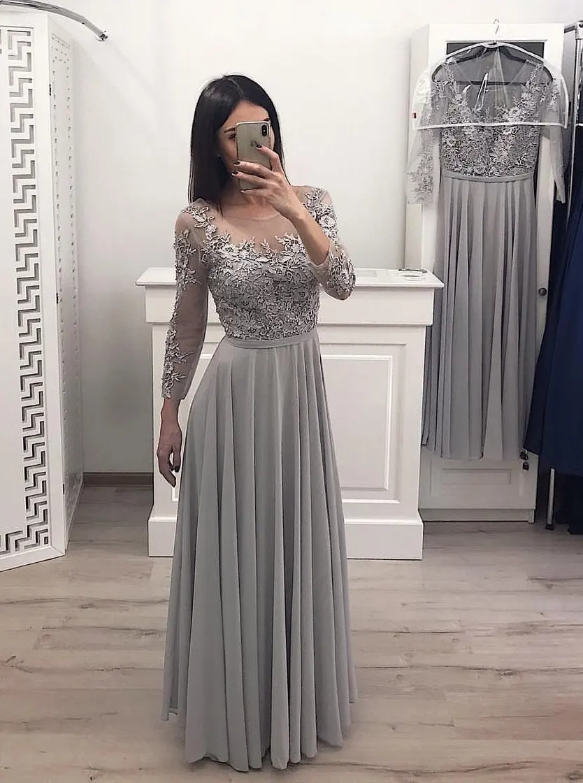 Cheap Silver Evening Dresses Long With 3/4 Sleeves A Line Boho Prom Dress Floor Length Chiffon Summer Holiday Graduation Gown