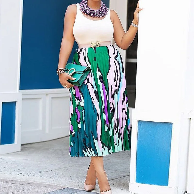 

2019 Colorful Print Women Summer A-Line Pleated Skirt High Waist Women Boho Fashion Skirt Saias Femme Streetwear