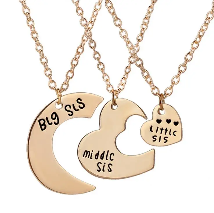 

2018 Handmade 1 set=3 pcs "Big sis middle sis little sis" Hollow Heart shaped Pendant Necklaces BFF Best Friends Forever Gift