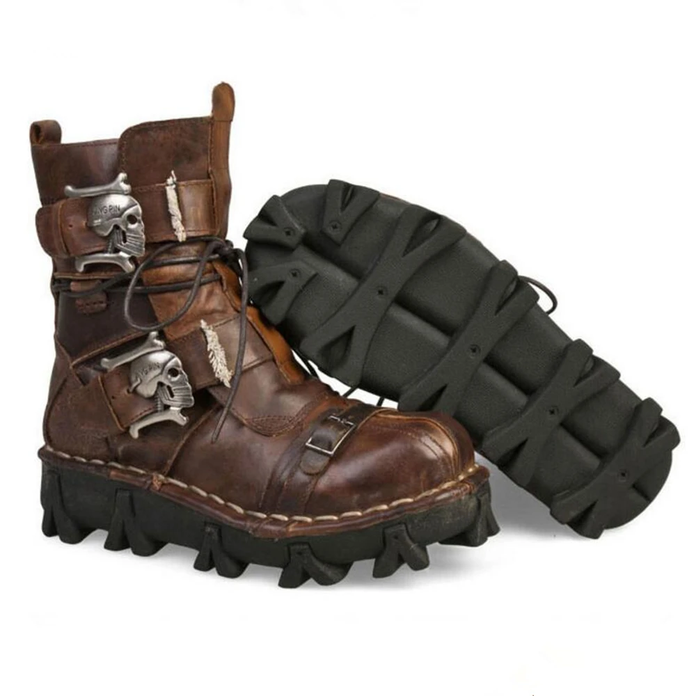 

Vintage Breathable Men Motorcycle Boots Shoes Protective Gear Motor Punk Style Leather Military Martin Boots Mid-Calf Shoes