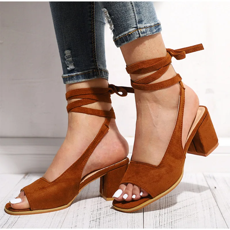 

SLHJC Med High Block Chunky Heel Pumps Sandals Open Toe Cross Strap Square Toe Plus Size Women Casual Summer Shoes 6 CM Shoes