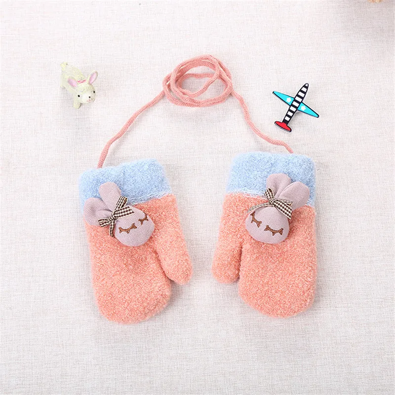 1 Pair Cute Cartoon Little Rabbit Thicken Warm Cotton Infant Baby Boys Girls Winter Warm Solid With Sling Full Finger Mittens Kids (6)