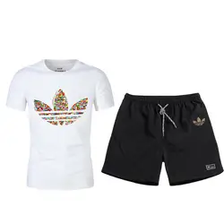 Комплект из двух предметов, Мужская футболка с коротким рукавом, мужской топ + шорты, мужские спортивные костюмы 2019, Новая повседневная
