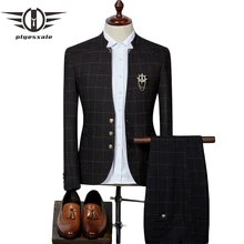 Fire Kirin Mens Plaid Suits Latest Coat Pant Designs Chinese Style Stand Collar Slim Fit Groom Wedding Suit Formal Wear Q341 tian qiong mens black wool suits latest coat pant designs chinese style stand collar slim fit groom wedding suit formal wear