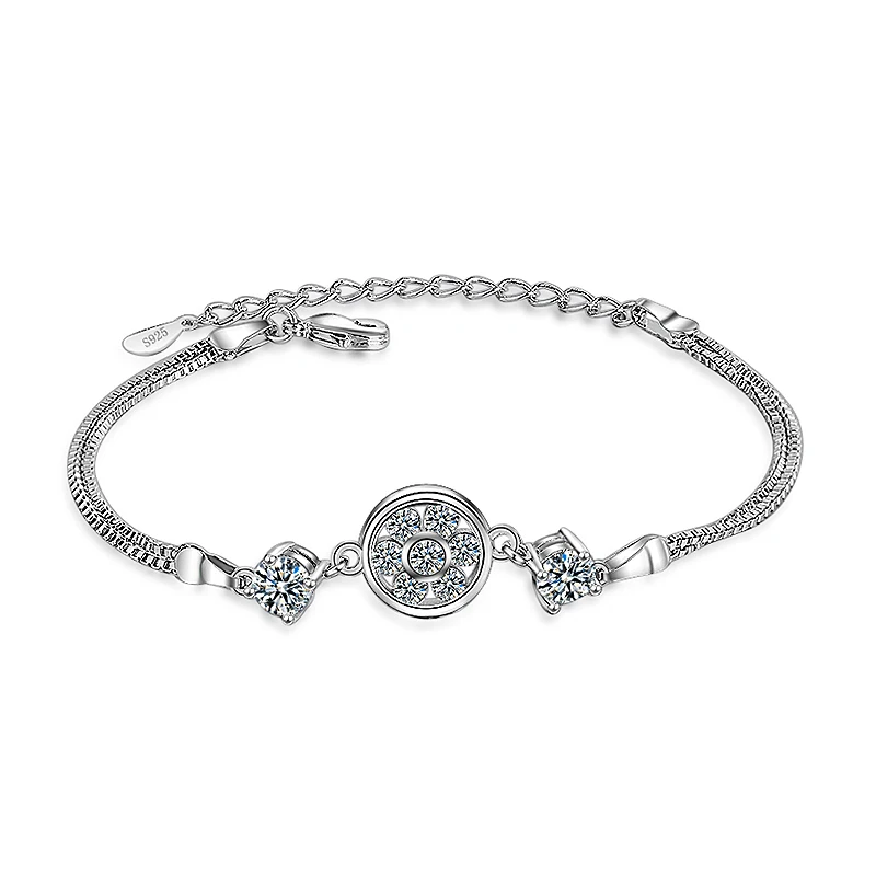 

Round Pendant Shiny AAA Cubic Zirconia Box Chain Bracelets Silver Color Bracelet Bangles Fashion Jewelry Gifts For Women Girls