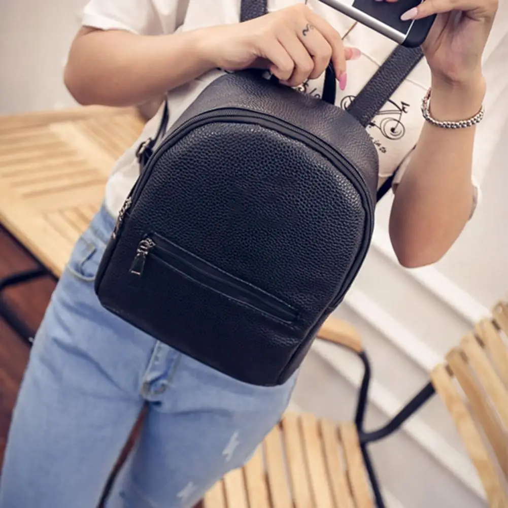 

School Women Fashion Solid Color Faux Leather Backpack Small Tote Shoulder Bag