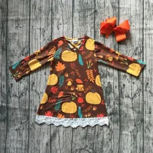 Новое осенне-зимнее платье на День Благодарения одежда с длинными рукавами для маленьких девочек, коричневый молочный шелк с принтом тыквы эксклюзивная детская одежда с бантом