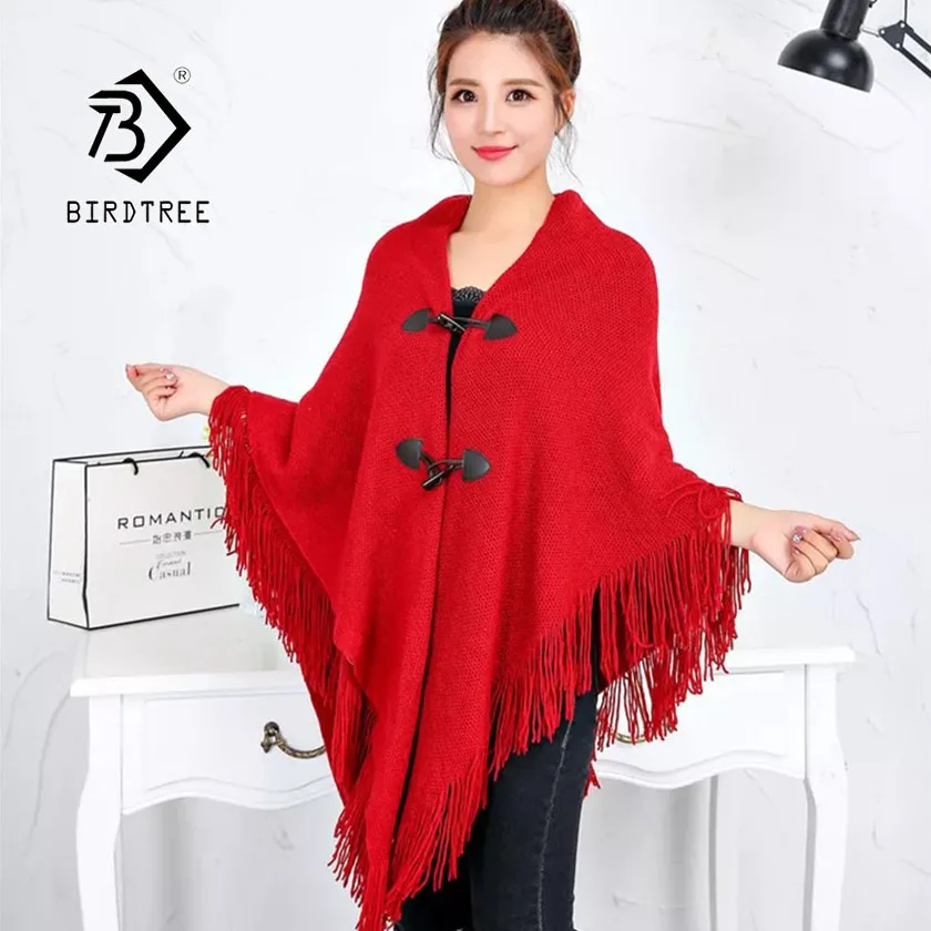 

2019 Autumn Winter New Women's Cloak Shawl Sweater Coat Double Tassel Buffalo Button Thick Casual Fashion Plus Size Tops C97702D