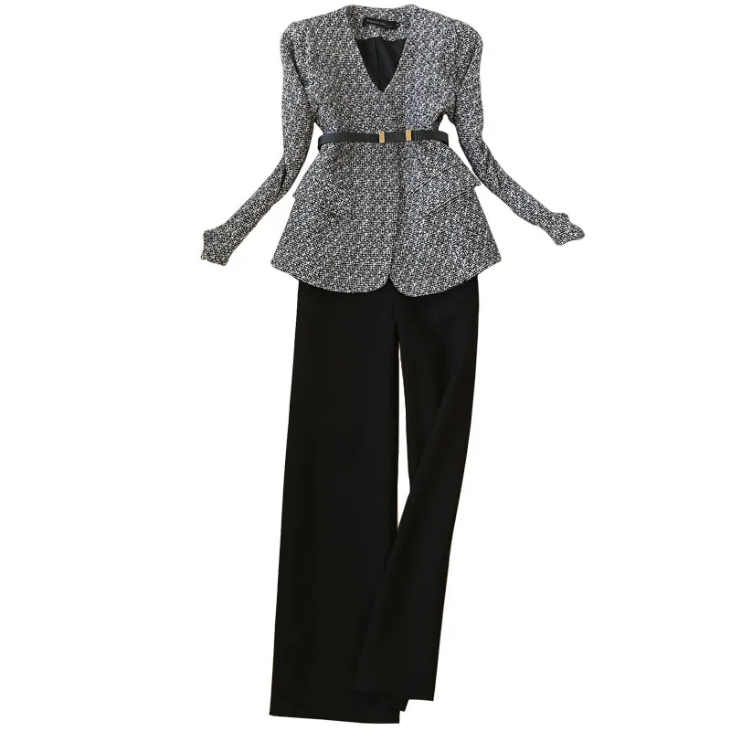 

spring autumn office lady small fragrance v-neck Tweed woolen coat women+high waist woolen wide leg pants two piece sets