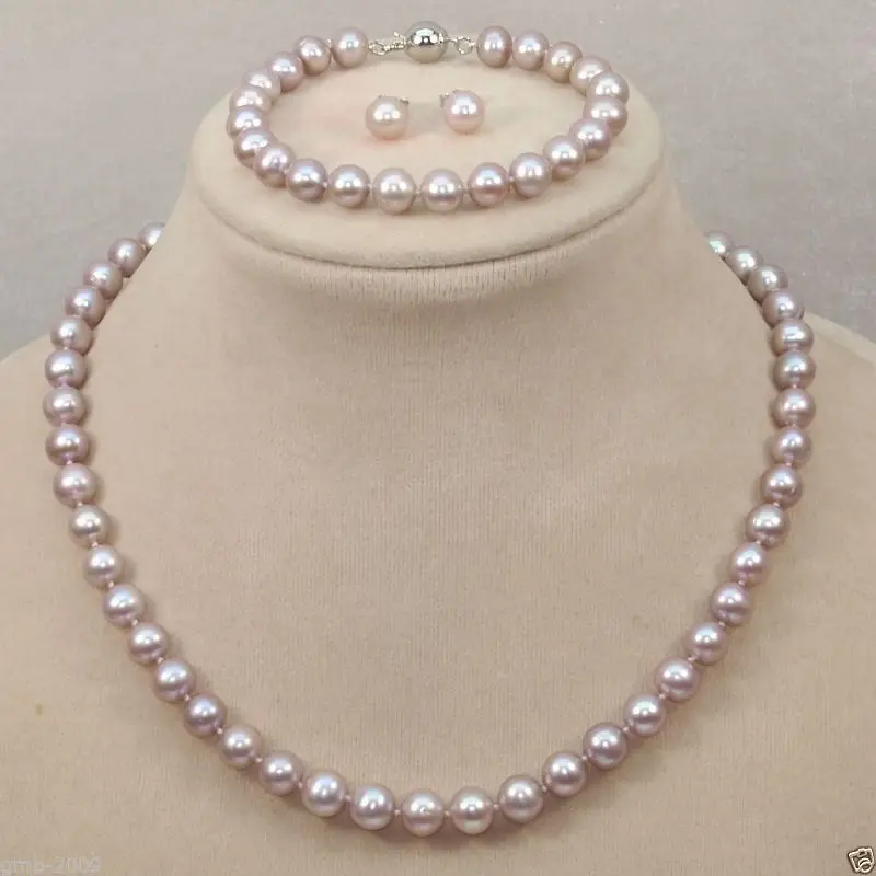 

Genuine 8-9mm Lavender Akoya Freshwater Pearl Necklace Bracelet Earrings A Set A^^^@^Noble style Natural Fine jewe FREE SHIPPING