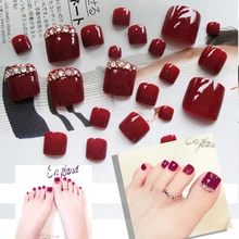 

HUAMIANLI 24Pcs Red Rhinestone Art Tips Full Cover False Toe Fake Nails Manicure Tools Sticker & Decal Drosphipping