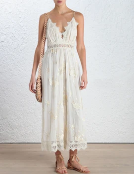 

New products embroidery lace suspense sexy V collar back dress