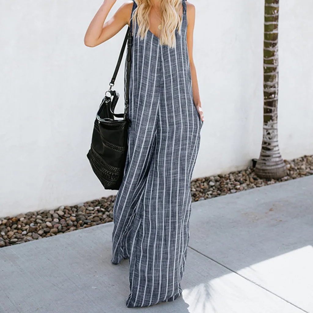 

New Women's Fashion Casual Striped Sling Large Size Loose V-Neck Long Jumpsuit Wholesale