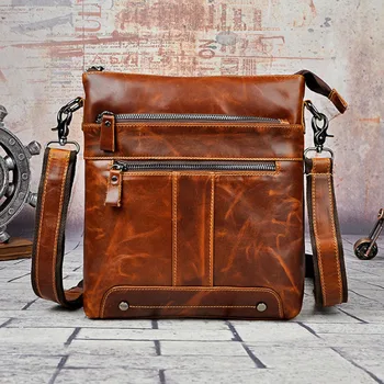 

Men Oil Wax Genuine Leather Crossbody Bag High Quality Business Casual Crossbody Shoulder Bag Travel Genuine leather Men Ba