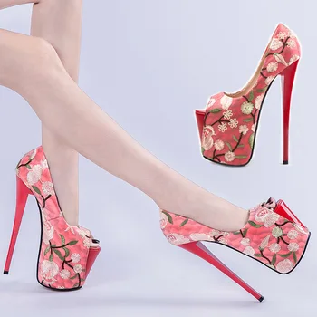 

2019 Female Wedding Shoes Classics Embroider Flowers Shallow Peep Toe Women Pumps Solid Fashion High Heels Ladies Model Shoes