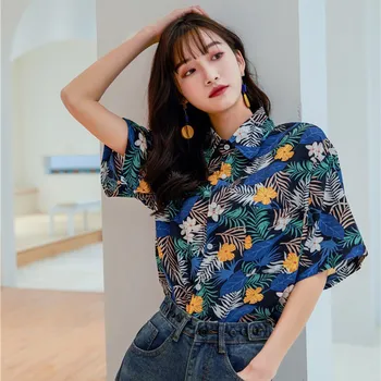 

Summer Women Loose Blouse Print Shirt Hawaiian Styles Blouses Turn-down Collar Top