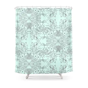 

Dotted Floral Scroll In Mint And Grey Shower Curtain Set Waterproof Polyester Fabric For Bathroom With Floor Mat