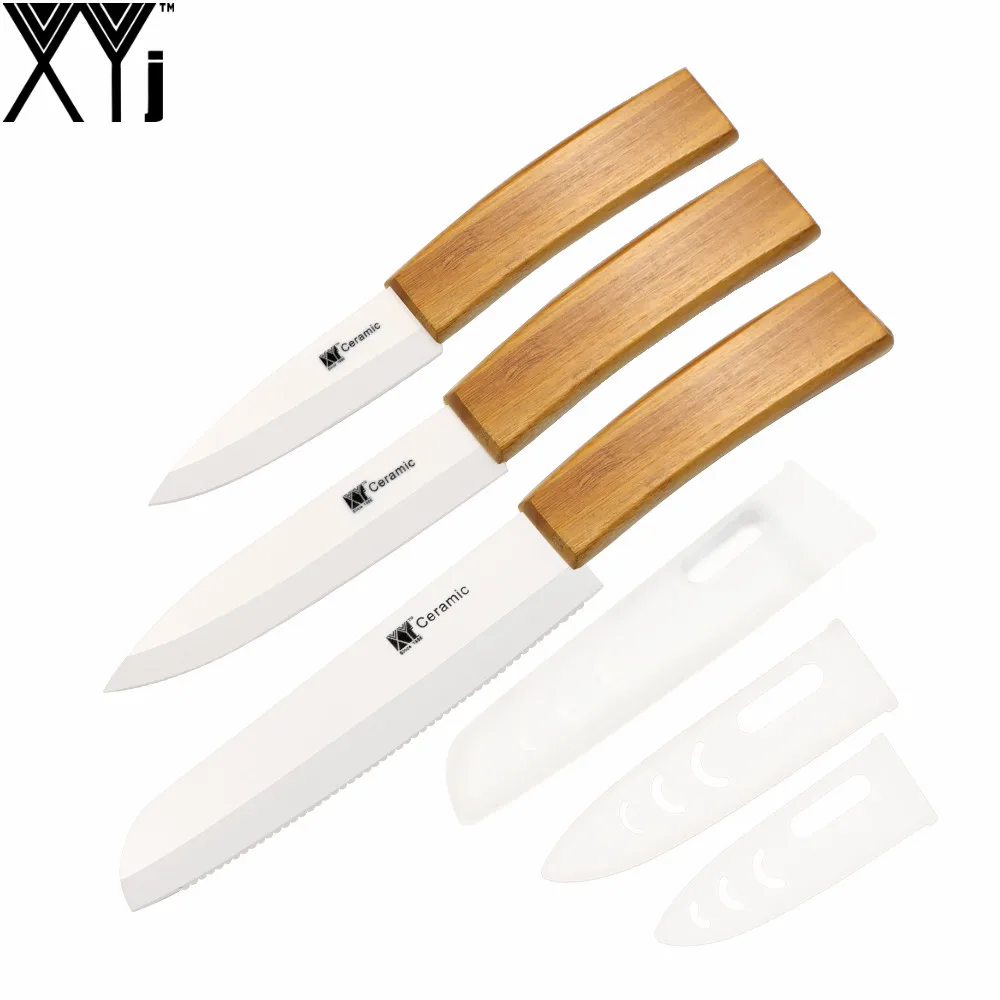 XYJ Zirconium Oxide Ceramic Knife 3" Paring 5" Sciling 6" Serrated Bread Kitchen Knives Bamboo