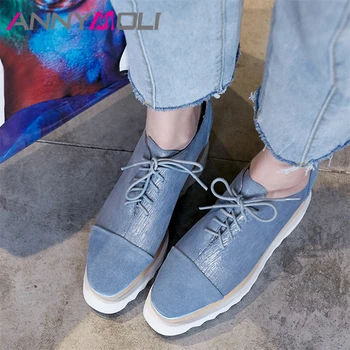 

ANNYMOLI Women Shoes High Heels Genuine Leather Platform Wedge High Heel Shoes Kid Suede Square Toe Pumps Lady Fall Big Size 42