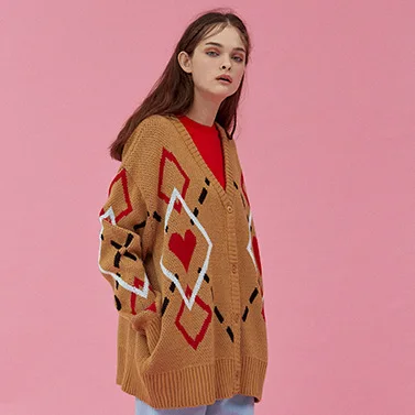 

Japanese Vintage Women Autumn Knit Cardigan Brown Sweater Coat Jacquard Long Sleeve Single-breasted Loose Sweaters