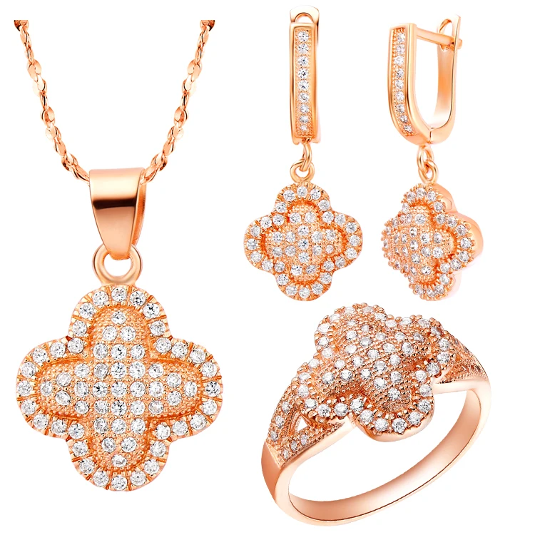 

New Exquisite Jewelry Set For Women ,Four-Leaf Clover Shape Design,Necklace/Earrings/Ring,Inlaid Crystal
