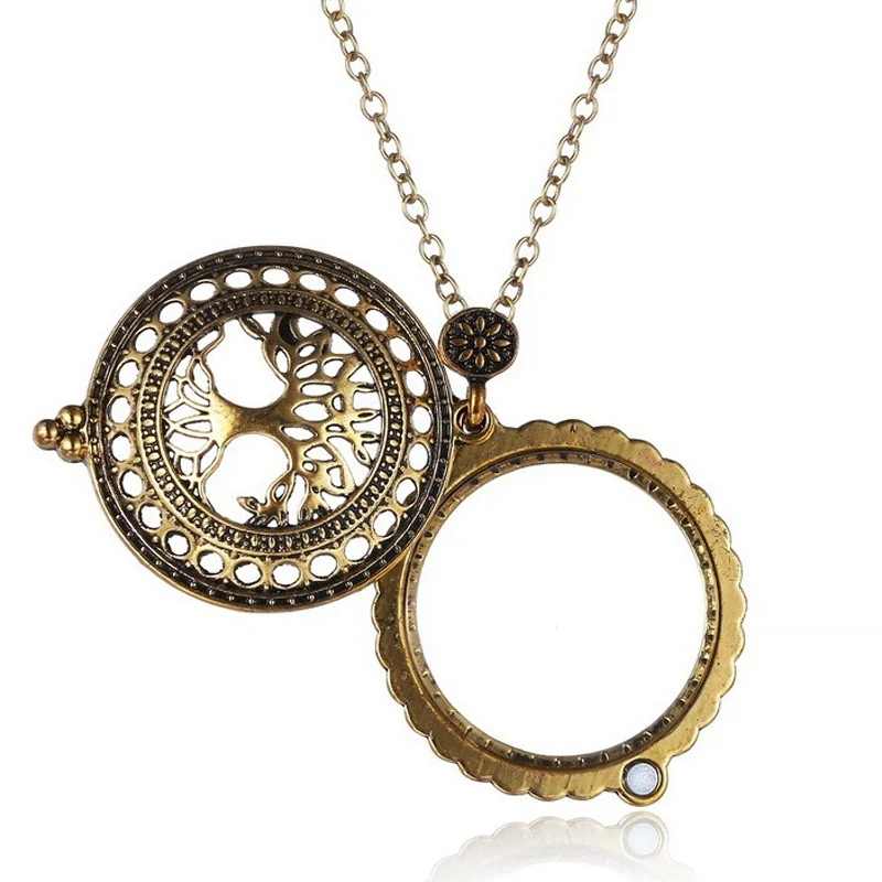 

Antique Design Tree Of Life Hollow Circle Glass Cabochon Domed Magnifying Glass Necklace Gold Color Link Chain Fashion Jewelry