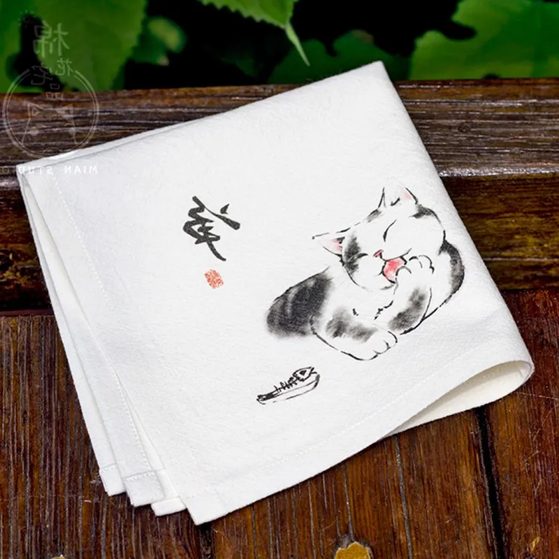  White Hand Painting Cat Cotton Handkerchief Gift Chinese style Women Fashion Accessories Thicken Na