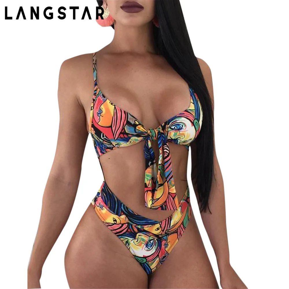 

LANGSTAR Women Face Print One Piece Swimsuit Sexy Face Print Wire Free Padded Women Swimwear Strap Conjoined Bathing Suit