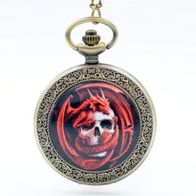 Модные бронзовые красные Pterosauria динозавр и купол черепа кварцевые карманные часы Аналоговые кулон ожерелье мужские и женские часы цепочка подарок