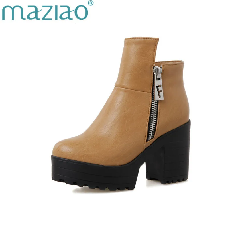 

MAZIAO 2018 Spring Autumn Women Ankle Boots Platform Square High Heel Fashion Motorcycle Boots Zipper Casual Ladies Shoes Woman