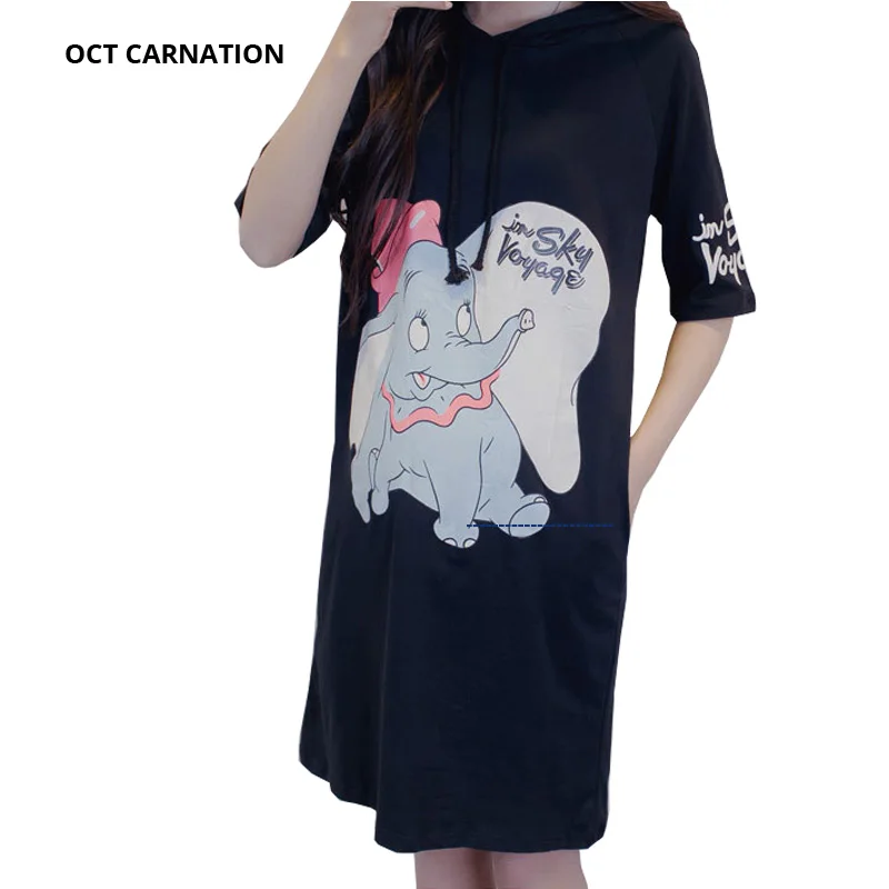 

With a Hood Maternity Short-sleeve T-shirt Dress Elephant Print Black Cute Pregnant Clothes Casual Summer Dress Maternity Style