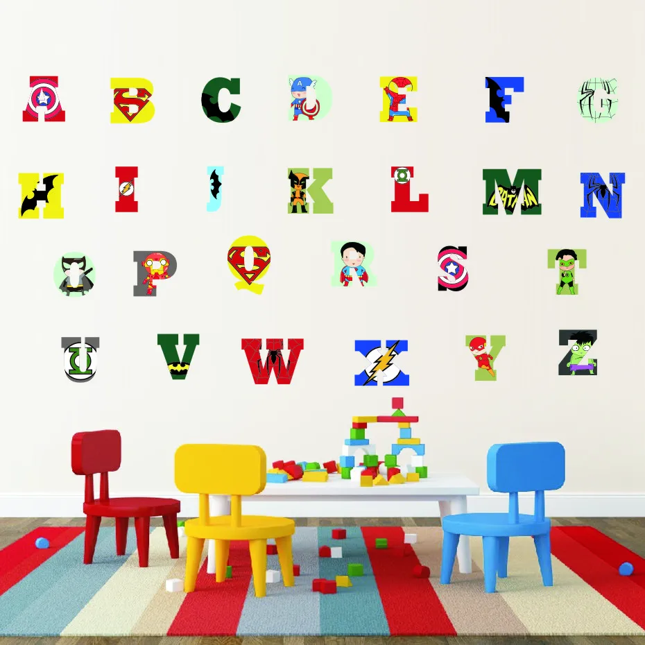 

Creative Super Hero Style Alphabet ABC Wall Decal 26 Letters DIY Art Vinyls Stickers Nursery Kids Room Home Decorative Wallpaper