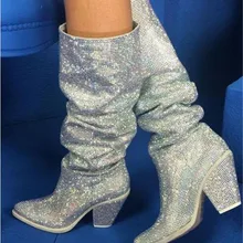 Sestito/; женские сверкающий кристалл; сапоги до колена с острым носком; модельные туфли на не сужающемся книзу массивном каблуке; обувь для вечеринок; женские плиссированные высокие сапоги без застежки