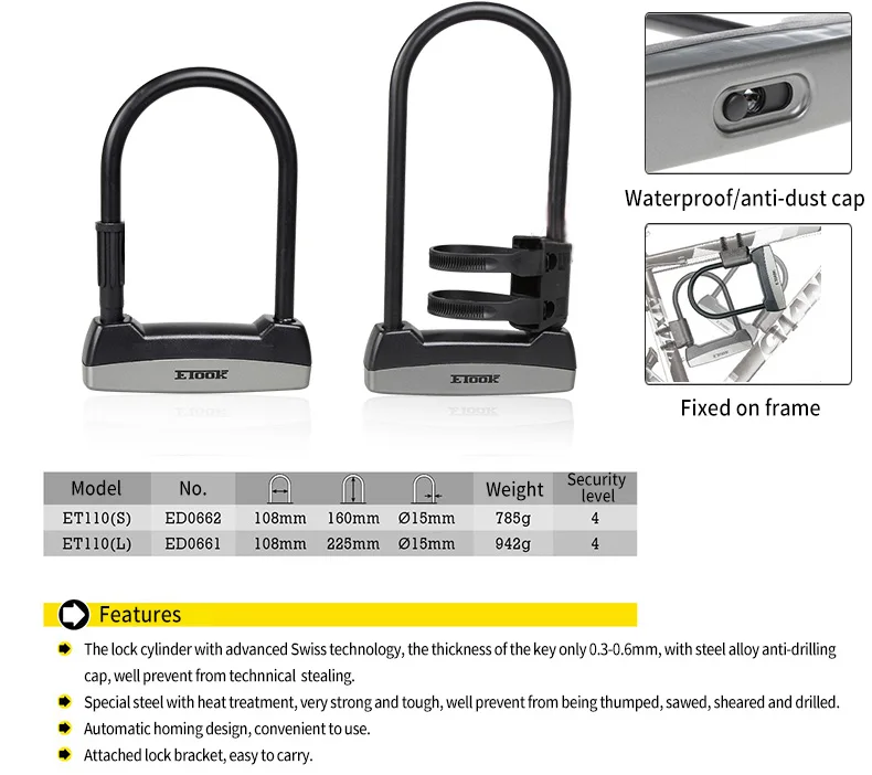 Etook u-замок велосипедный замок Противоугонный стальной Электрический велосипед Скутер удобный замок рама Аксессуары для велосипеда ET110