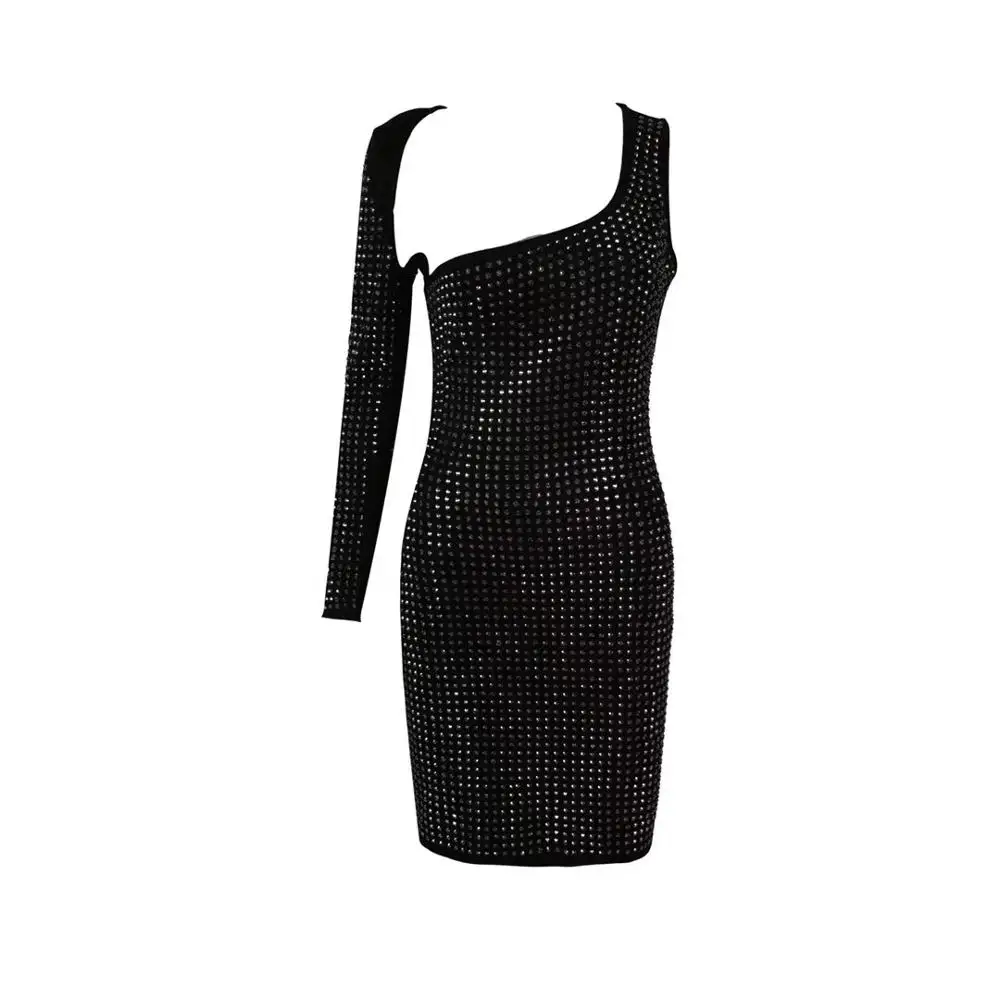 Высокое качество для знаменитостей Мода одно плечо бриллианты Мини Bodycon коктейльное платье для вечеринки элегантное платье - Цвет: Черный