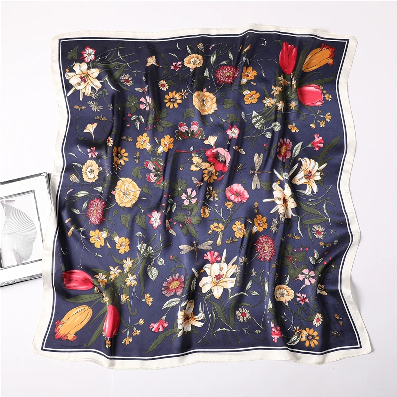 designer brand women scarf fashion 2019 flower print silk scarves square small Handkerchief office neck hair scarfs 70*70cm