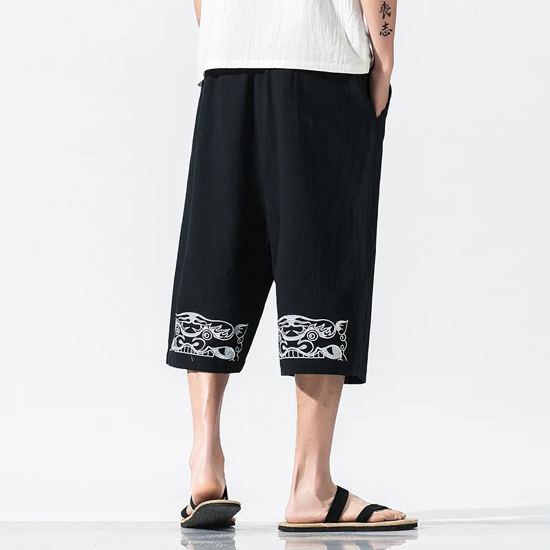 Chinesischen Stil Männer Lose Baumwolle Leinen Stickerei Kalb-Länge Hosen Männlichen Streetwear Gerade Beiläufige Breite Bein Hosen Strand Hose