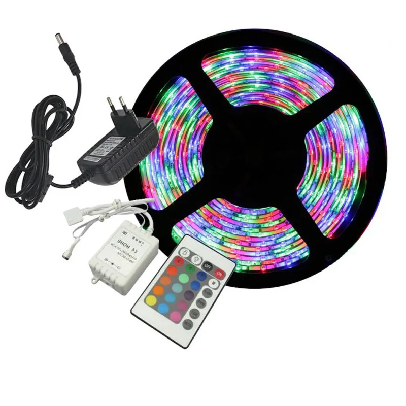 Waterproof LED Strip Light RGB 3528 5M 300 LEDs Flexible Rope Outdoor Decoration Lighting with DC 12V 24W Power Supply Adapter