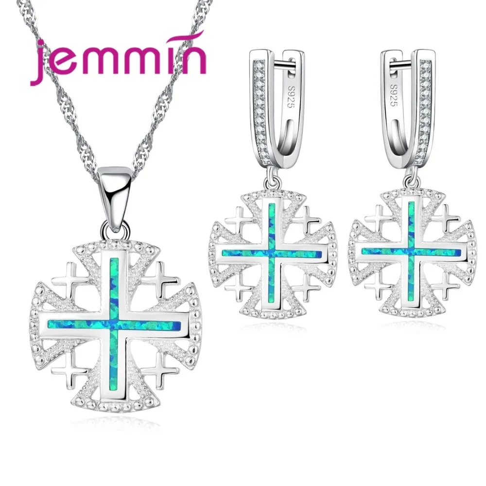 

Jemmin Luxury Geometric Cross Pendant Necklace Earrings Set For Party 925 Sterling Silver Blue Fire Opal Engagement Jewelry Sets