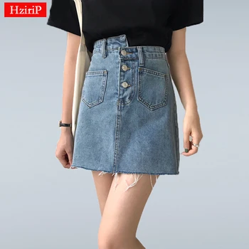 

Hzirip New 2019 Spring Summer Pockets High Waist Slim Short A-Line Solid Single Breasted Denim Casual Sexy Mini Blue Skirts