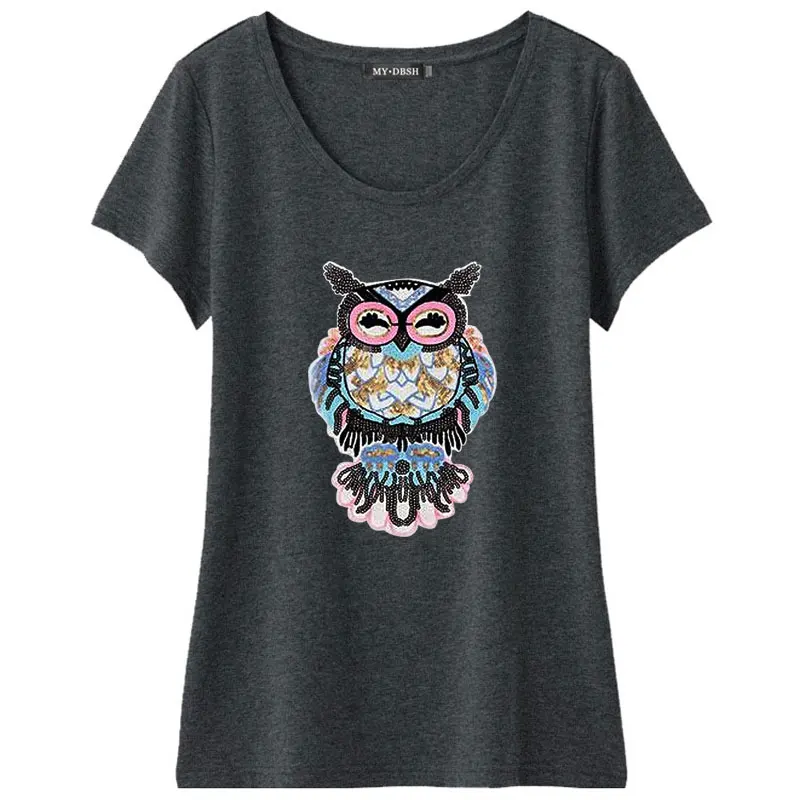 Летняя женская футболка с рисунком совы, расшитая вручную блестками, с объемным рисунком, Camisetas Mujer размера плюс S-5XL, женская футболка из хлопка - Цвет: O neck Dark Gray