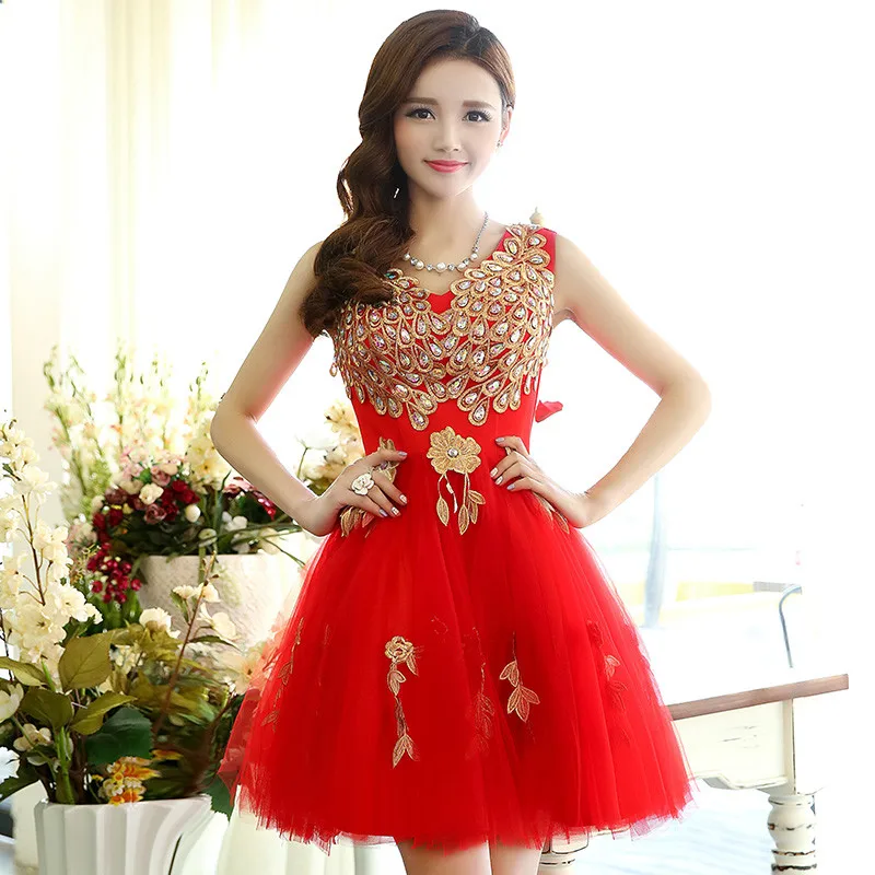

Vestidos De Baile Elegant Red A Line Tulle Prom Dress Gold Embroidered Short V Neck Beaded Formal Party Dresses Evening Gown