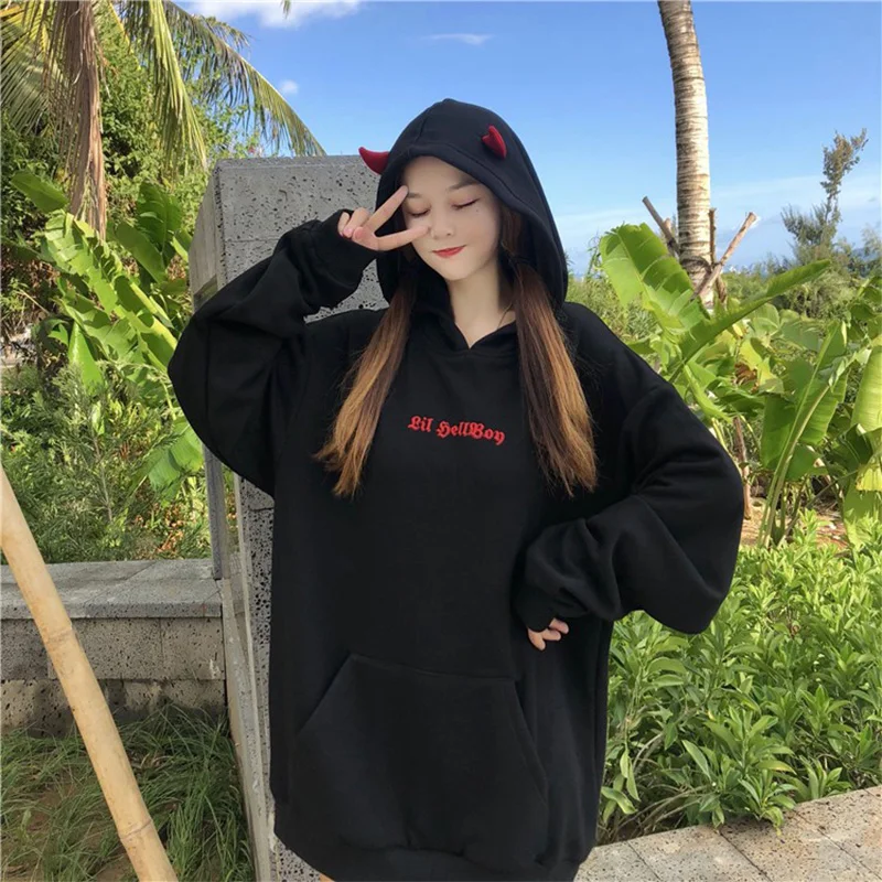 Autumn Warm Hoodie Sweatshirt Women Fashion Harajuku Devil Wing Patchwork Hoodies Sweatshirt Female