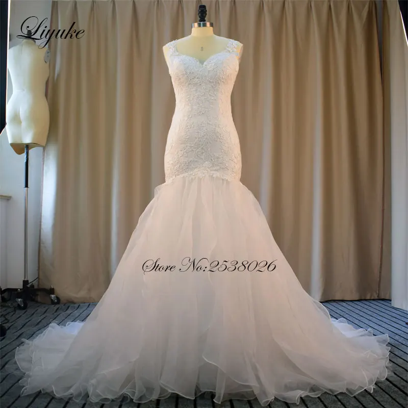 

Liyuke Elegant Appliques Sweetheart Neckline High Quality Mermaid Wedding Dress Count Train Beading Trumpet Empire Bride Dress